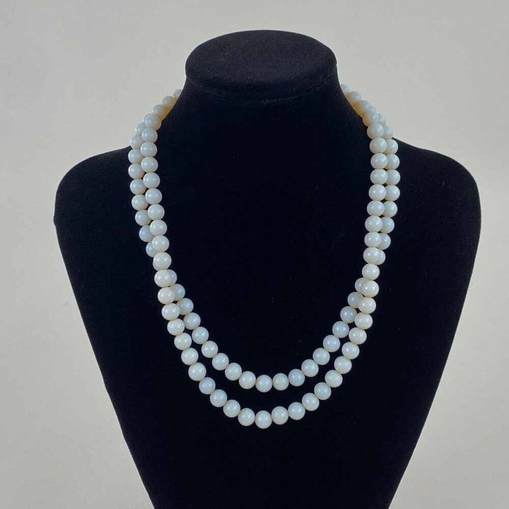White Glass Double Strand Beaded Necklace Rhinestone Box Clasp Costume Jewelry